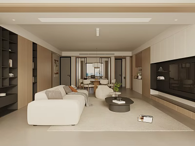 Modern Living And Dining Room Interior With Beige Sofa Coffee Table And TV Cabinet 3d model
