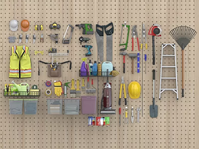 Hardware Tools Complete Set Organized on Pegboard with Safety Helmet Gloves Wrench and Ladder 3d model