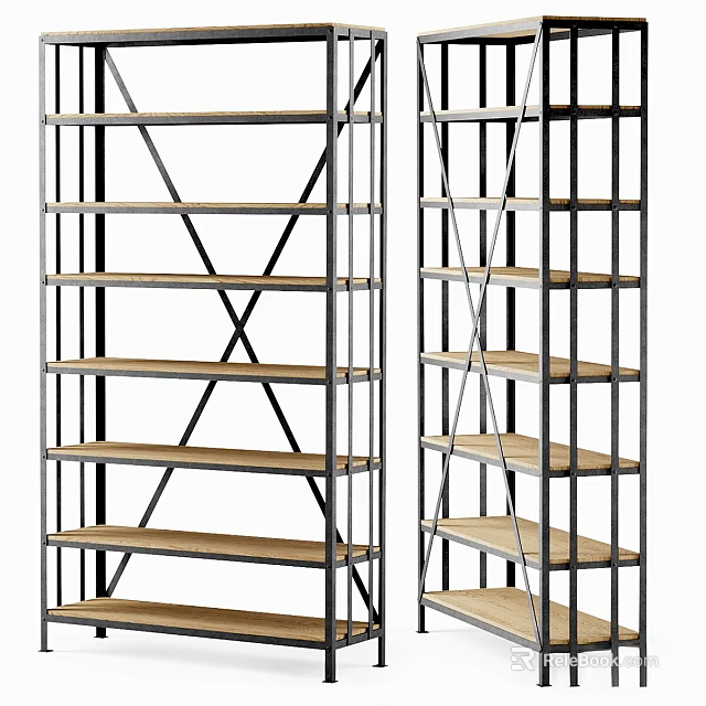 Modern Metal Frame Shelving Unit With Wooden Shelves And Multi Tier Design 3d model 