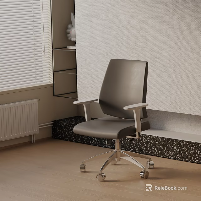 Gray Office Chair with Armrests Metal Base Wheels in Workspace with Window Blinds and Shelf 3d model 