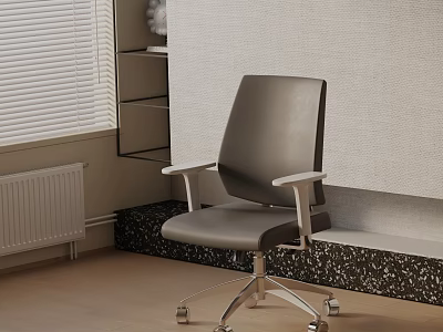 Gray Office Chair with Armrests Metal Base Wheels in Workspace with Window Blinds and Shelf 3d model
