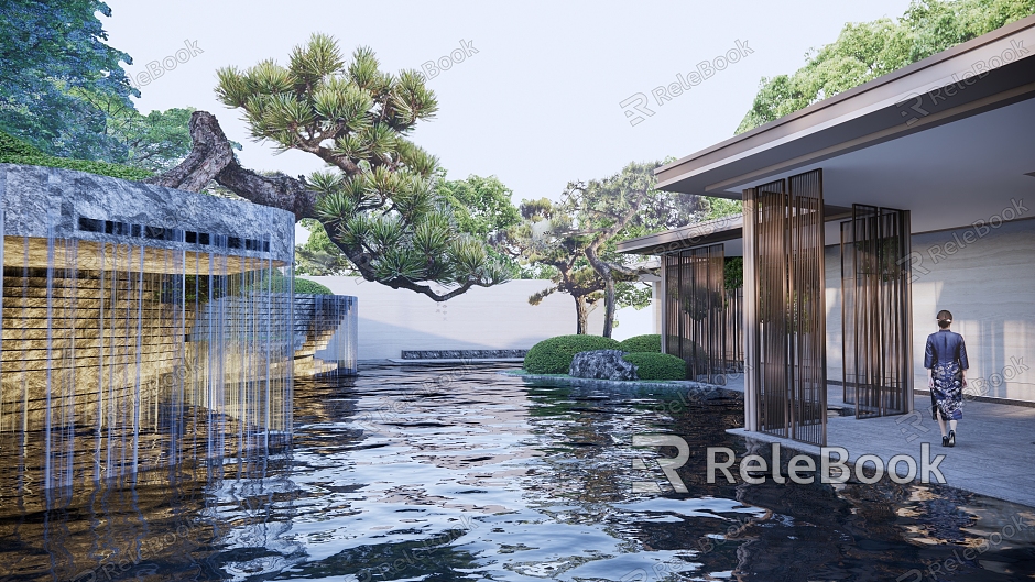 New Chinese-style Garden Landscape Layered Waterscape Pavilion model