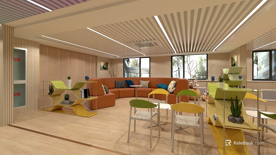 Modern Casual Lounge Area Interior With Orange Sofa Colorful Chairs And Large Windows 3d model 