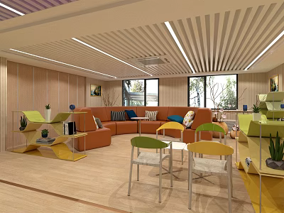 Modern Casual Lounge Area Interior With Orange Sofa Colorful Chairs And Large Windows 3d model