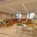 Modern Casual Lounge Area Interior With Orange Sofa Colorful Chairs And Large Windows