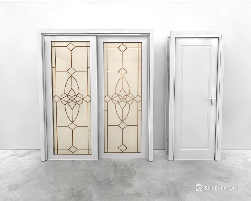 Modern Interior Hinged Doors Featuring Geometric Glass Design And White Frame 3d model