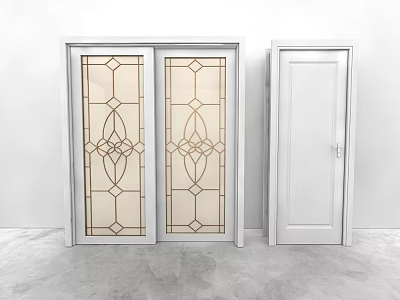 Modern Interior Hinged Doors Featuring Geometric Glass Design And White Frame 3d model