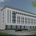 Modern Office Building Exterior With White Facade Large Windows Parking Area And Green Trees