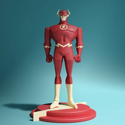 Red Flash Style Doll With Yellow Lightning Symbol Boots And Gloves Standing On Base 3d model