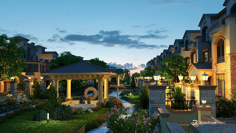 Scenic Garden Landscape at Twilight With Townhouses Pavilion Pathway Flowers And Lamp Posts 3d model 