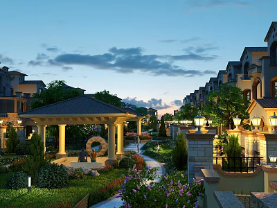 Scenic Garden Landscape at Twilight With Townhouses Pavilion Pathway Flowers And Lamp Posts 3d model