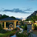 Scenic Garden Landscape at Twilight With Townhouses Pavilion Pathway Flowers And Lamp Posts