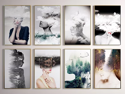 Artistic Portrait Paintings With Double Exposure Clouds Forest And Natural Elements 3d model