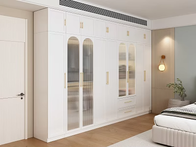 Modern White Wardrobe Design With Glass Doors Gold Handles And Drawers In Bedroom 3d model