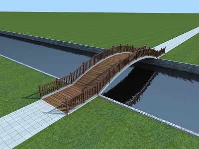 Wooden Bridge with Railing Connecting Green Lawn and Water Channel via Stone Path 3d model