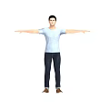 Man Standing With Arms Outstretched In Light Blue T-shirt And Dark Jeans On White Background