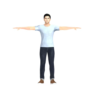 Man Standing With Arms Outstretched In Light Blue T-shirt And Dark Jeans On White Background 3d model