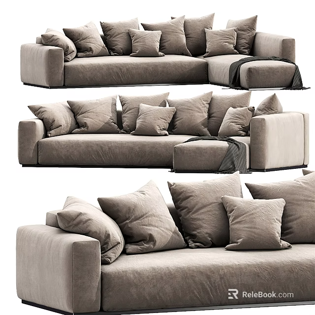 Modern Beige Sectional Sofa With Multiple Plush Cushions And Ottoman 3d model