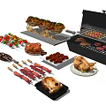 Assorted Grilled Food Including Skewers Steak Chicken Vegetable Kabobs And Barbecue Grill