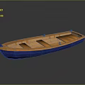 Wooden Small Boat With Blue Hull And Orange Seats For Water Transportation