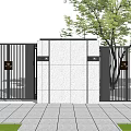 Modern Building Exterior Wall With Stone Finish And Black Grille Gates Near Trees