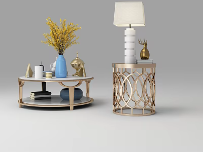 Round And Cylindrical Coffee Tables With Gold Frames Decorative Vase Flowers Table Lamp Deer Figurine 3d model