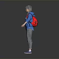 Woman wearing blue hoodie with headphone graphic red backpack gray pants purple shoes gray background