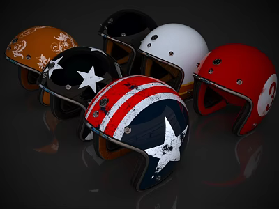 Various Colorful Helmets with Star Patterns Red White Blue Stripes and Number 8 3d model