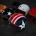 Various Colorful Helmets with Star Patterns Red White Blue Stripes and Number 8