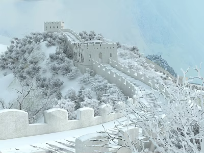 Ancient Great Wall Architecture In Snow Covered Mountain Winter Landscape 3d model