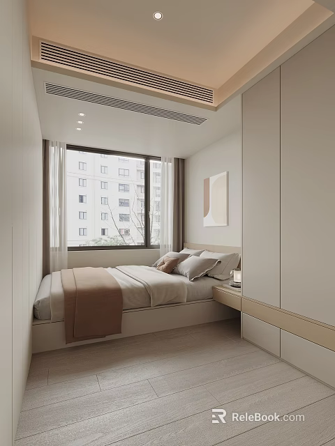 Modern Tatami Bedroom Interior With Window Building View Pillows Blanket Nightstand And Wardrobe 3d model 