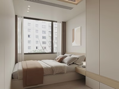 Modern Tatami Bedroom Interior With Window Building View Pillows Blanket Nightstand And Wardrobe 3d model