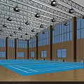 People Playing Badminton In Indoor Court With Blue Surface Large Windows Wooden Walls Fitness Activity
