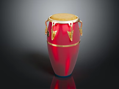 Red Conga Drum With Golden Accents And Natural Wood Drumhead Shiny Finish 3d model