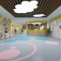 Kindergarten Interior With Colorful Circular Floor Cloud Ceiling And Reception Area 3d model