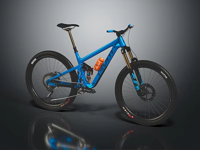 Blue Mountain Bike With Black Tires Suspension Frame Orange Water Bottle Cage 3d model