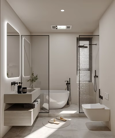 Modern Bathroom Design With Double Mirrors Free Standing Bathtub Glass Shower Area And Potted Plant 3d model