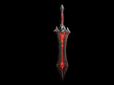 Decorative Ornament Set Featuring Metallic Sword Design With Red Glowing Accents And Intricate Carvings 3d model