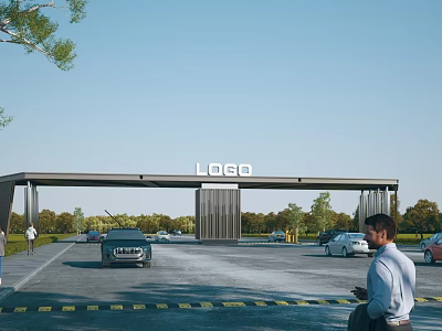 Modern Entrance Gate With LOGO On Top And Cars Passing Through Green Trees Background 3d model