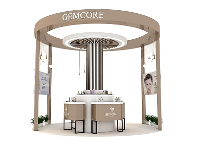 GEMCORE Exhibition Display Shelves In Round Booth With Product Display Lighting Posters And Plants 3d model