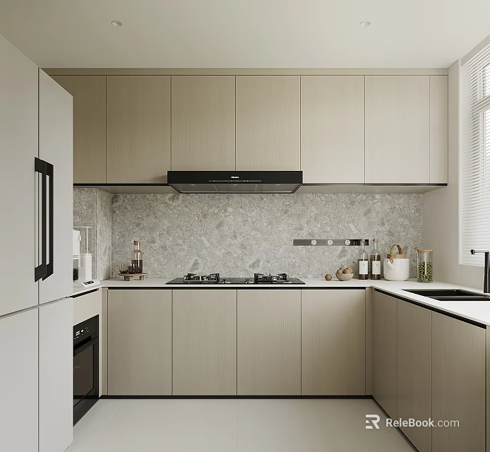 Elegant Modern Kitchen Interior With Light Cabinets Marble Countertop And Appliances 3d model 