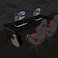 Gaming Desk Setup With Dual Monitors Keyboards And Red Gaming Chairs