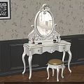 White Carved Dressing Table With Oval Mirror Gold Accents Floral Wallpaper And Dark Paneled Walls