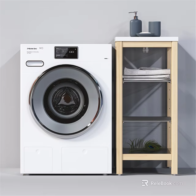 Modern White Washing Machine With Wooden Shelf And Towels In Laundry Room 3d model 