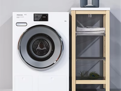 Modern White Washing Machine With Wooden Shelf And Towels In Laundry Room 3d model