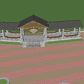 Wooden Pergola With Black Roof Stone Pillars Red Brick Pavement And Greenery