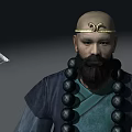 Game Movie Character Bald Head Beard In Blue Dark Outfit Green Beads And Long Weapon