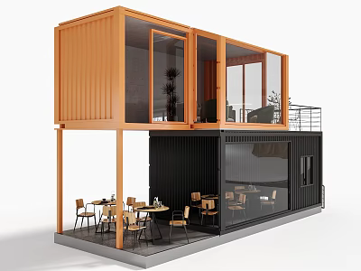 Industrial Equipment Container Converted Two Story Building With Large Windows And Outdoor Seating 3d model