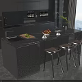 Modern Black Bar Counter with Marble Top Fruits Cups Brown Stools Large Window City View