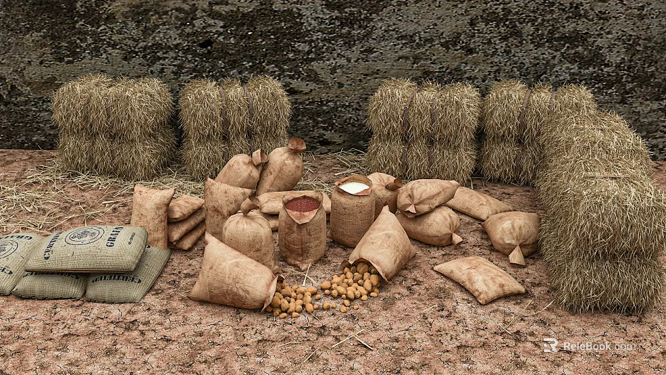 Hessian Storage Sacks Filled With Potatoes Near Hay Bales On Dirt Ground 3d model 